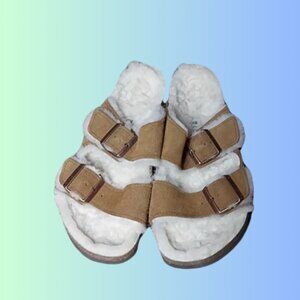 Birkenstock Womens 38 / 7 N Arizona Brown Suede Shearling Footbed Lined Sandals